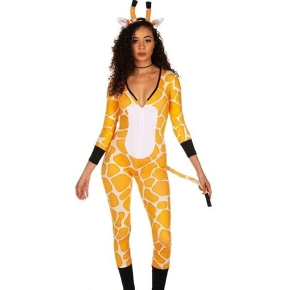 Tipsy Elves Ladies XL Giraffe Bodysuit Full Zip Jumpsuit Bodycon W Headband New - Picture 1 of 5